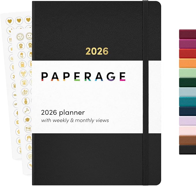 PAPERAGE 2026 Weekly & Monthly Planner, 12 Months (January 2026 - December 2026), 5.6 in x 8 in, Hardcover 2026 Planner with Weekly & Monthly Spreads, Note Pages, Stickers & Back Pocket – Black