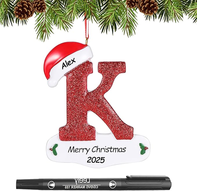 Personalized 26 Letters Ornaments for Christmas Tree 2025, Custom Christmas Ornament with Family Member's Names 3D Resin Xmas Hanging Pendant Original Gifts for Family Friends(K)