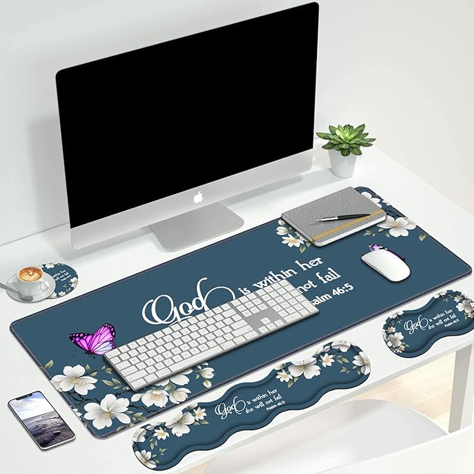 4 in 1 Ergonomic Keyboard Wrist Rest & Mouse Pad Wrist Rest Set,Large XXL Gaming Desk Mat 31.5"x 11.8" with Non-Slip Base,Memory Foam for Home Office Study Gaming,Floral Quote Bible Verse Psalm 46:5