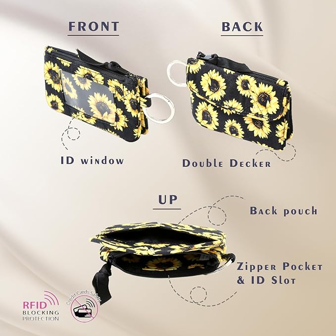 WONDERFUL FLOWER Card Holder, RFID Blocking, ID Holder with Lanyard for Women, Dual Pockets, Badge Holder, Lanyard Wallet, Fabric Keychain ID Pouch, Sunflowers