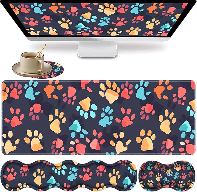 Large XXL Gaming Desk Mat 31.5"x 11.8", Ergonomic Keyboard Wrist Rest & Mouse Pad Wrist Rest + Coaster Set, Non-Slip Base, Memory Foam, Office and Home, Color Dog Paw Prints