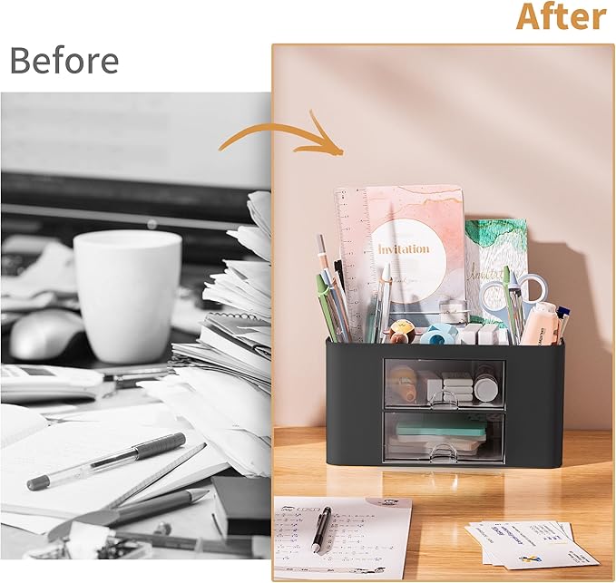 Marbrasse Pen Organizer with 2 Drawer, Multi-Functional Pencil Holder for Desk, Desk Organizers and Accessories with 5 Compartments + Drawer for Office Art Supplies (Black)