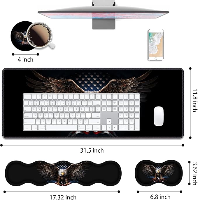 4 in 1 Ergonomic Keyboard Wrist Rest & Mouse Pad Wrist Rest Set, Large XXL Gaming Desk Mat 31.5"x 11.8" with Non-Slip Base, Memory Foam for Home Office Study Gaming, American Flag Bald Eagle