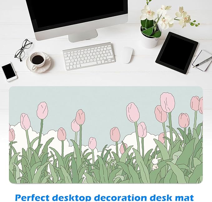 MAYCARI Watercolor Tulip Flower Mouse Pads,Extended Gaming Mousepad XXL Kawaii Anime Desk Mat Pink Green Large Full Desk Mouse Pad 31.5" x15.7"