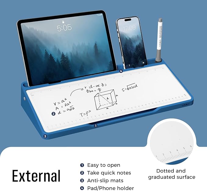 LOUKIN Glass Desktop Whiteboard, 15.3" x 5.6" Desktop Dry Erase Board with Dotted and Graduated Surface, Desktop Buddy, Great for Design and Drawing, 3 Markers and 1 Dry Erase Eraser Included (Blue)