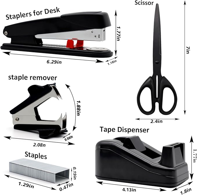 Black Office Supplies,UPIHO Black Desk Accessories,Stapler and Tape Dispenser Set for with Large Stapler,Tape Dispenser, Staple Remover, Staples, Clips,Scissor and Tabs,Gifts for Office Clerks