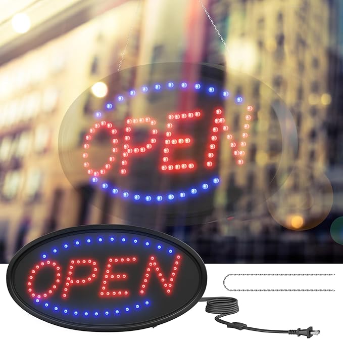 LED Open Sign for Business, Neon Open Sign LED Electronic Billboard Advertising Board Light Up Display Sign, 2 Modes Flashing Light for Wall, Window, Store, Bar, Cafe, Shop (Oval 19x10 in)