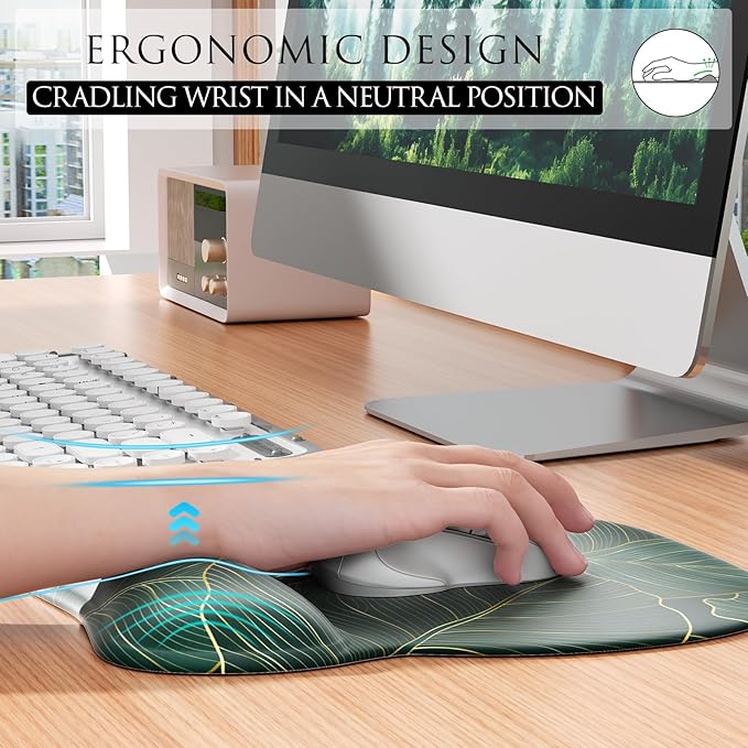 MROCO Ergonomic Mouse Pad with Gel Wrist Rest, Comfortable Mousepad with Smooth Wrist Support Surface and Non-Slip PU Base for Pain Relief, Computer, Laptop, Office & Home, 9.4 x 8.1 in, Green Leaves