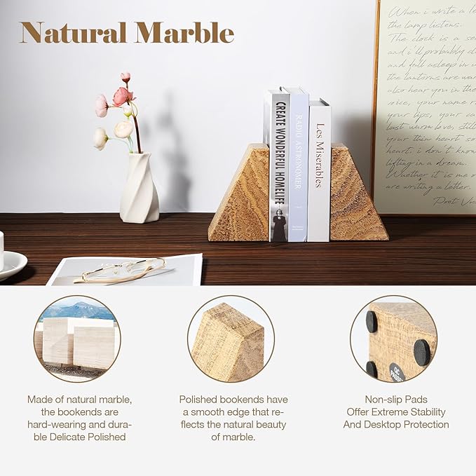 Marble Bookends for Heavy Books, Decorative Book Ends for Shelves, Unique Marble Stone Durable and Heavy Book Ends for Hardback Books & CDS, Book Stopper/Holder, Set of 2(Moca Jade)