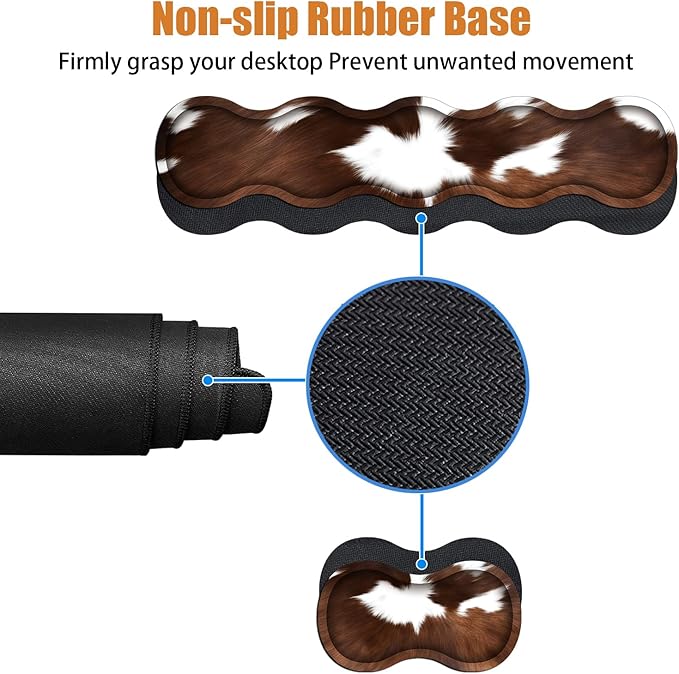 4 in 1 Ergonomic Keyboard Wrist Rest & Mouse Pad Wrist Rest Set, Large XXL Gaming Desk Mat 31.5"x 11.8" with Non-Slip Base, Memory Foam for Home Office Study Gaming, Brown Black Cow Print