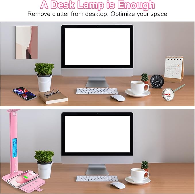 Desk Lamp with Wireless Charger，USB Charging Port, Dimmable Office Desk Light with Clock, Alarm, Date, Temperature, Foldable Lamp for Table Bedroom Bedside Office (Pink, Standard Size-13.3 inch)