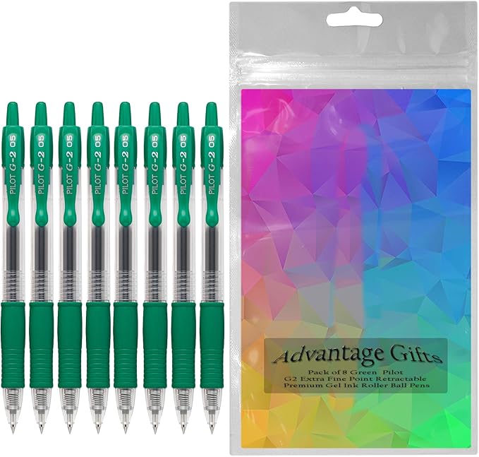 G2 Retractable Premium Gel Ink Roller Ball Pens Extra Fine Point (.5mm) Green Ink 8 pack; Refillable & Premium Comfort Grip Bundle with Plastic Reusable Pouch
