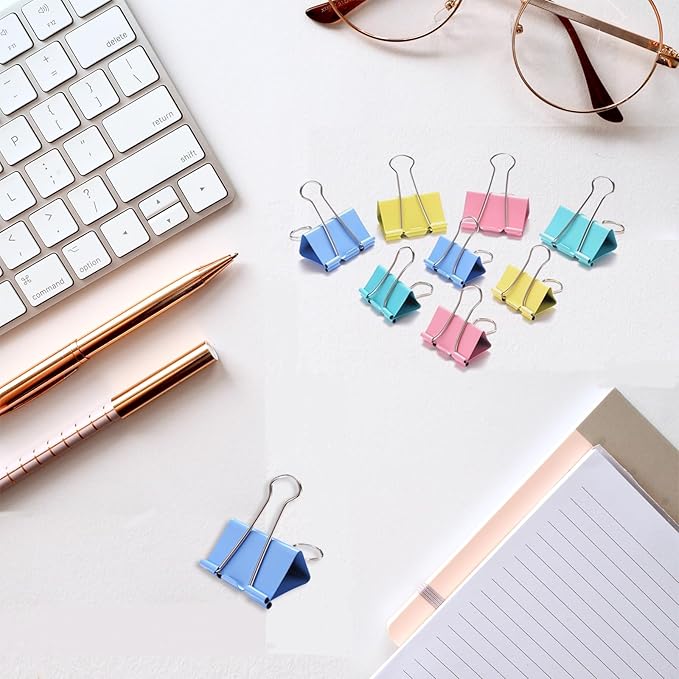 Binder Clips Assorted Sizes, 140 PCS Colored Binder Paper Clips Office Clips Office Supplies Desk, 4 Sizes Cute Binder Clips Large Medium Binder Clip Small Paper Clips Medium Paper Clamps (Colored)