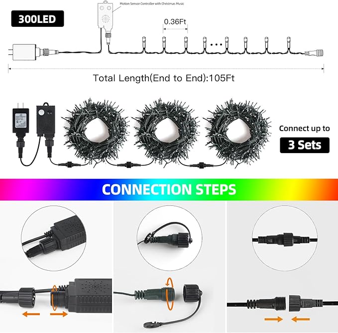 Music Motion Sensor Christmas String Lights 105ft 300 LED，Multicolour Christmas Tree Lights，End-to-End Plug In 6 Modes Christmas Lights, Waterproof for Indoor Outdoor Tree Party Yard Room Decor