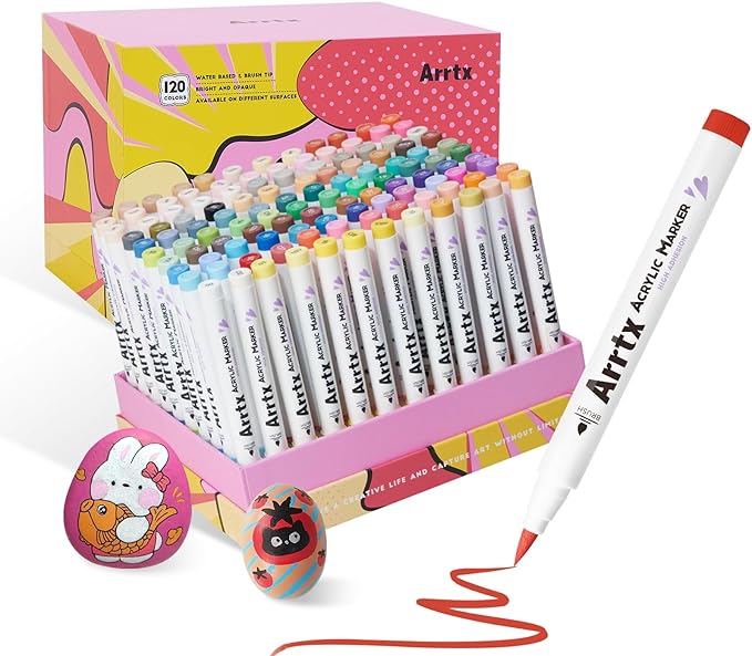 Arrtx 120 Colors Markers Paint Pens, Acrylic Paint Pens for Artists Adults Coloring Drawing Cartoon Anime Comic - Brush Tip for Rock Painting, Wood, Canvas, DIY Crafts Making Art Supplies