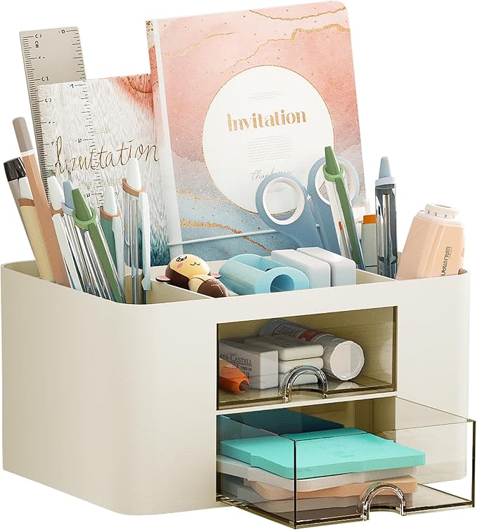 Marbrasse Pen Organizer with 2 Drawer, Multi-Functional Pencil Holder for Desk, Desk Organizers and Accessories with 5 Compartments + Drawer for Office Art Supplies (Beige)