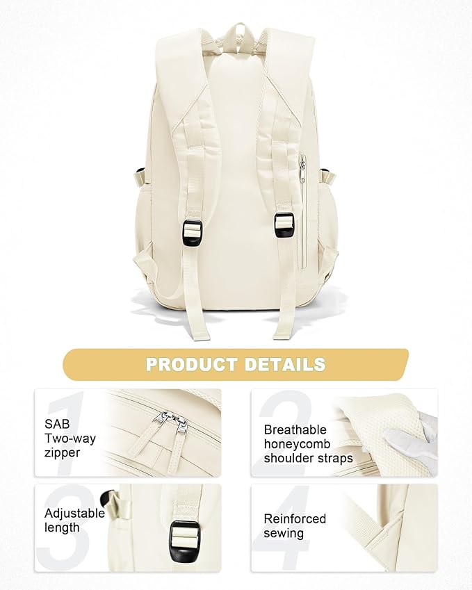 Lightweight School Backpack, College Bookbag for Boys Girls, 15.6 Inch Laptop Work Bag, Gym Backpack for Men Women, Large Capacity Waterproof Backpack for Campus School, Business, Beige