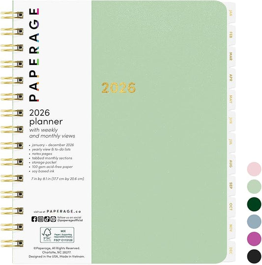 PAPERAGE 2026 Weekly & Monthly Planner, 12 Months (January 2026 - December 2026), 6.6 in x 8.1 in, Spiral Bound 2026 Planner with Weekly, Monthly & Yearly Views, Note Pages & Inner Pocket – Sage Green