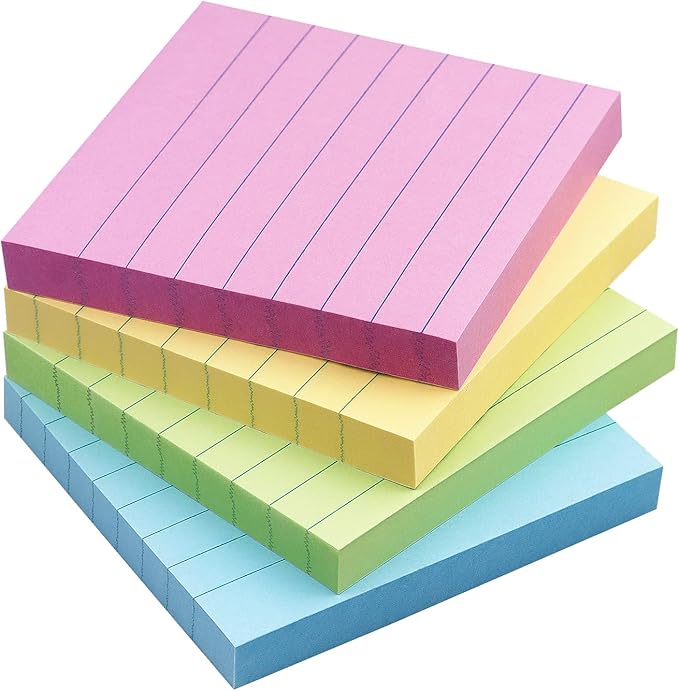 Lined Sticky Notes 3x3 Sticky Notes with Lines Self-Stick Notes Bright Color 4 Pads 90 Sheets/Pad (Pastel)
