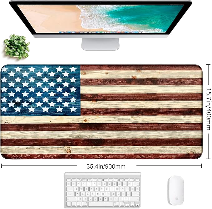 Personalized American Flag Wood Grain Computer Keyboard Desk Pad, Cute Female Office and Study Full Desk Extended Mouse Pad 35.4 x 15.7 Inches