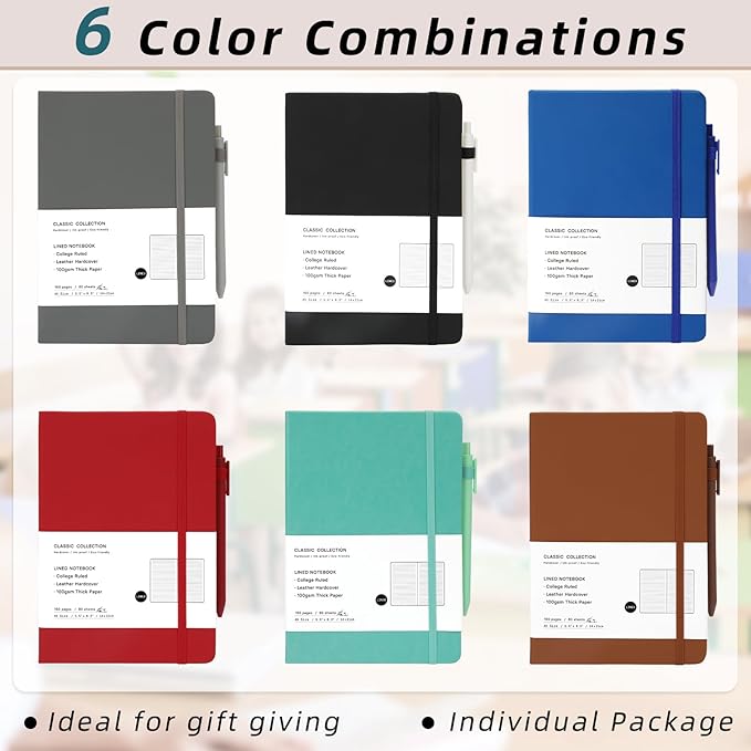 Coopay 24 Pack A5 Journal Notebook with 24 Pens Bulk Classic Ruled Hardcover Leather Journal Set with Pen Holder for Men Women Writing, Office, Home, School, College, Business, 8.3” x 5.5” (6 Colors)