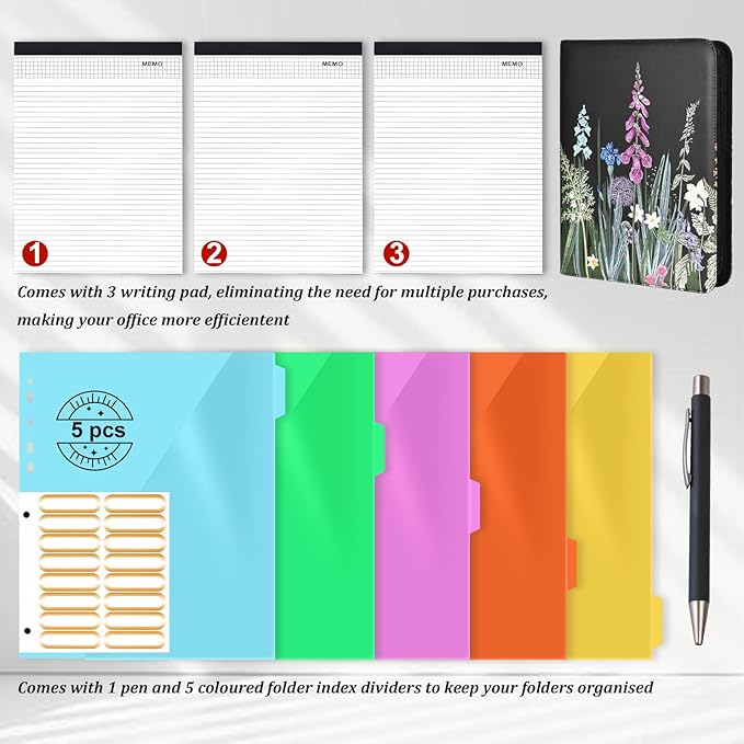 Leathario Portfolio Binder, Includes 5 Folder Index Dividers and 3 Notepads, 3-Ring Folder Organizer, Padfolio with Zipper, Vegan Leather Tablet Sleeve, Business Office Conference Clipboards