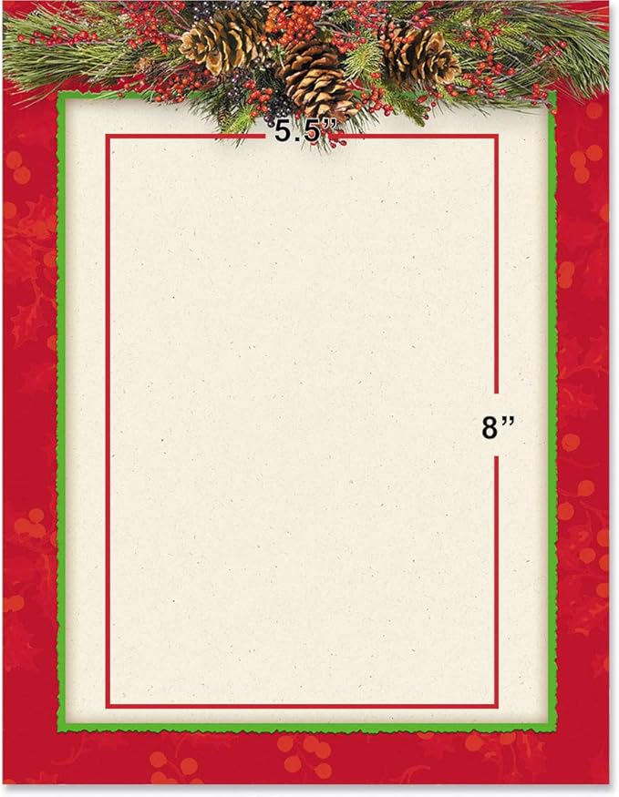PaperDirect Christmas Pine Bough Border Paper, Cream Background with Red Border and Pine Cone Swag Design, 8.5 x 11, Acid-Free, Ideal for Holiday Invitations, Cards, 25 Sheets