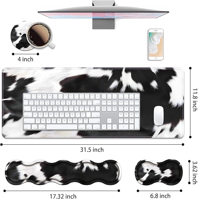 4 in 1 Ergonomic Keyboard Wrist Rest & Mouse Pad Wrist Rest Set, Large XXL Gaming Desk Mat 31.5"x 11.8" with Non-Slip Base, Memory Foam for Home Office Study Gaming, Black and White Cow Print