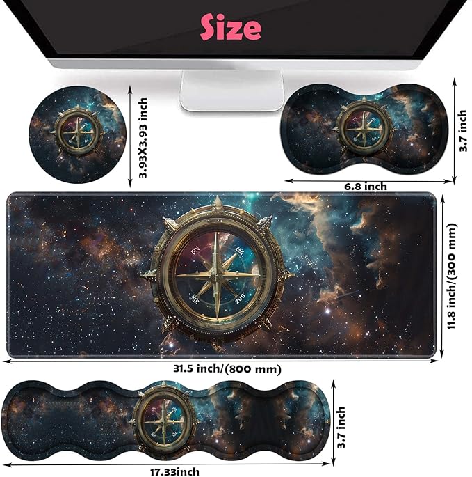 Large XXL Gaming Desk Mat 31.5"x 11.8", Ergonomic Keyboard Wrist Rest & Mouse Pad Wrist Rest + Coaster Set, Non-Slip Base, Memory Foam, Office and Home, Space Compass