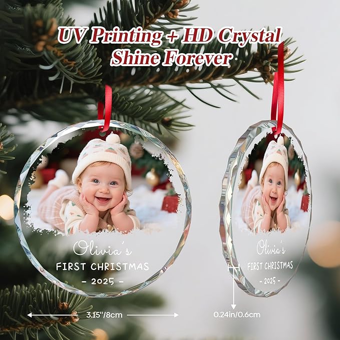 Personalized Babys First Christmas Ornament 2025 Boy Girl, My First Christmas Ornament with Photo Text - Custom 1st Christmas Ornaments 2025 for Baby, Newborn Xmas Gifts for New Mom Dad(3.15")