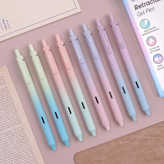 Writech Retractable Gel Ink Pens: 8ct Black Ink 0.5mm Fine Point Tip Pen Comfort Grip Smooth Writing with Aesthetic Gradient Color Barrel for Journaling Note Taking Sketching No Bleed & Smear
