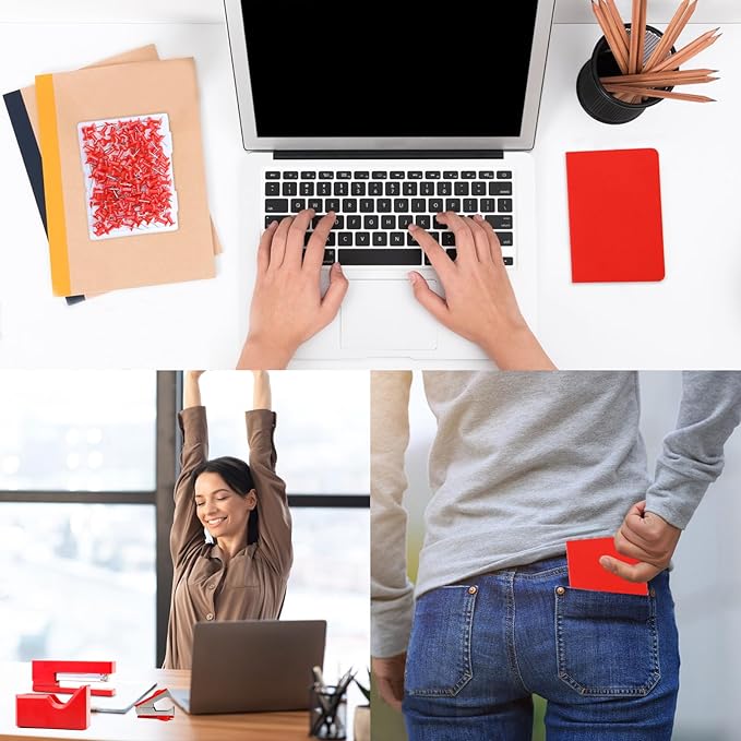 Red Office Supplies,UPIHO Red Desk Accessories,Stapler and Tape Dispenser Set for Women with Stapler,Tape Dispenser,Staple Remover,Staples,Push Pins,Scissor and Pocket Notebook,Gift for Office Clerks