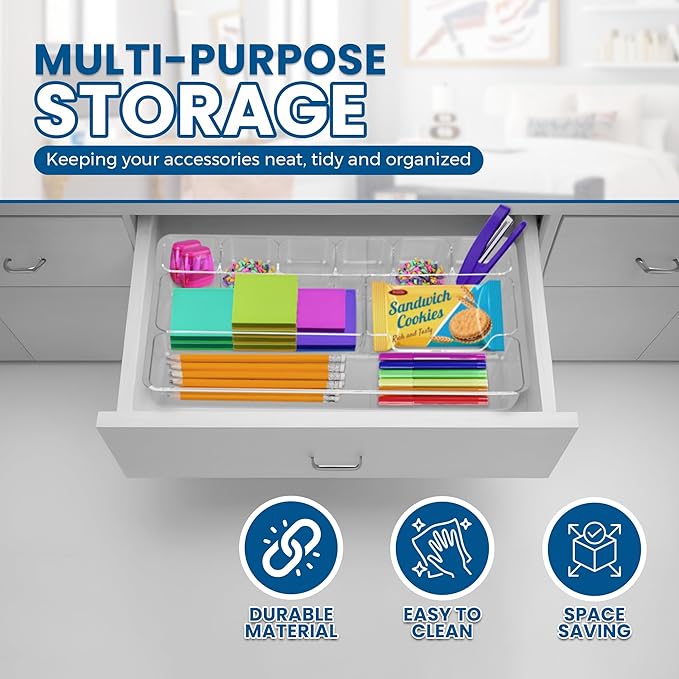 Manaloom Desk Drawer Organizer Tray with 9 Storage Compartments - For Home and Office - Drawer Organizers Office, Perfect Organizing Pens, Pencils, Paper Clips, Sticky Notes - Clear - 2 Pack