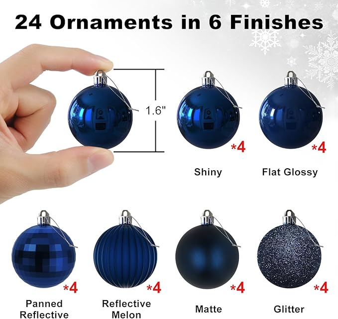 Navy Blue 1.6" Small Christmas Balls Christmas Tree Decoration Ornaments Shatterproof Hanging Balls for Birthday Halloween Holiday Wedding Decorations Set of 24pcs