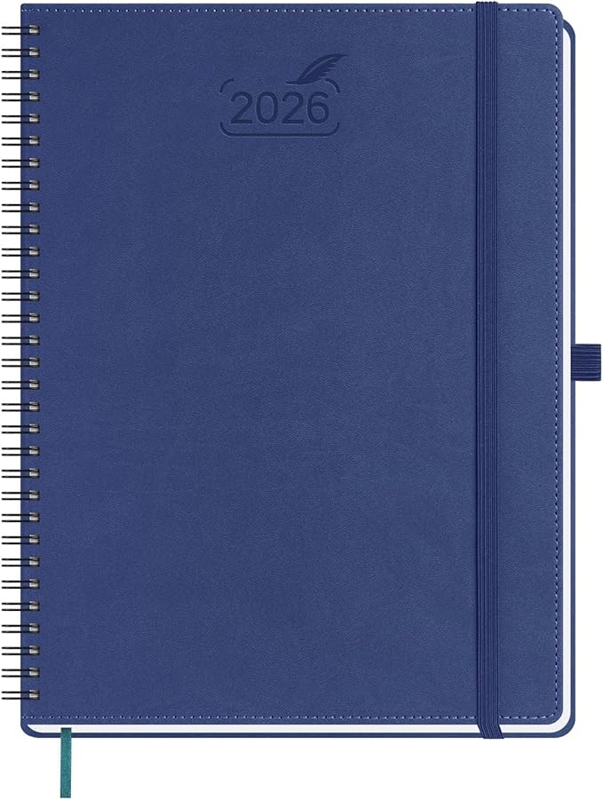 BEZEND 2026 Planner Weekly and Monthly (8.5" x 11" Spiral) Daily Calendar with Half-Hourly Timeslots & Tab (Jan-Dec) Note & Expenses, Pen Holder, Inner Pocket, Vegan Leather Softcover - Blueberry