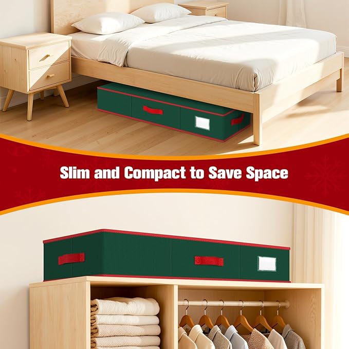 Wrapping Paper Organizer Storage, Christmas Wrapping Paper Storage for Christmas Decorations, Ribbon, Accessories, Underbed Gift Wrap Container with Flexible Partition, Interior Pockets(Green)