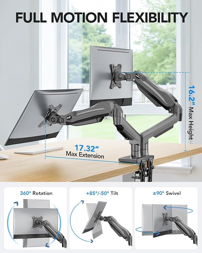 HUANUO Dual Monitor Stand, Fully Adjustable Monitor Desk Mount for 13–32″ Computer Screens, Full Motion VESA 75x75/100x100 with C-Clamp & Grommet Base, Each Arm Holds 4.4 to 19.8 lbs -Grey