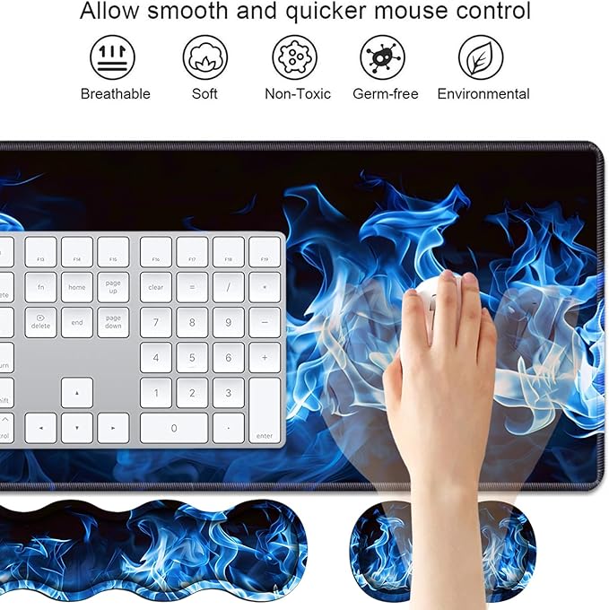 4 in 1 Ergonomic Keyboard Wrist Rest & Mouse Pad Wrist Rest Set, Large XXL Gaming Desk Mat 31.5"x 11.8" with Non-Slip Base, Memory Foam for Home Office Study Gaming, Blue Flame