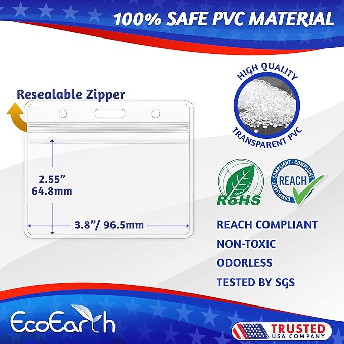 EcoEarth Horizontal PVC ID Badge Holder with Metal Clips & Vinyl Straps with Soft Edge (Sealable Fits 3.5x2.25 inch Inserts) (Clear 100-Pack), Waterproof ID Holder Bulk, ID Card Holder, Name Tag