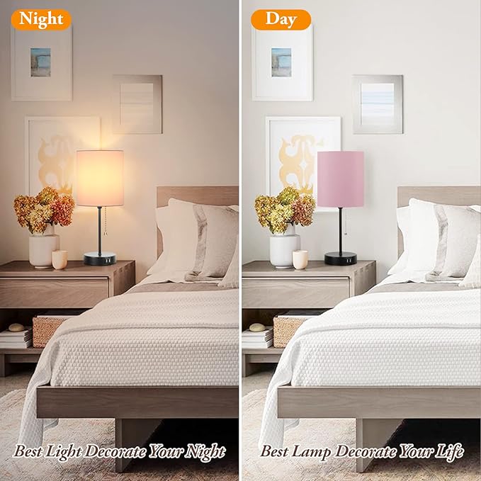 Table Lamps Set of 2 with USB Charging Ports, Pink Bedside Lamps with AC Outlet, Nightstand Lamps with Pull Chain Switch, Minimalist Modern Desk Lamps with Fabric Shade for Living Room Bedroom Office