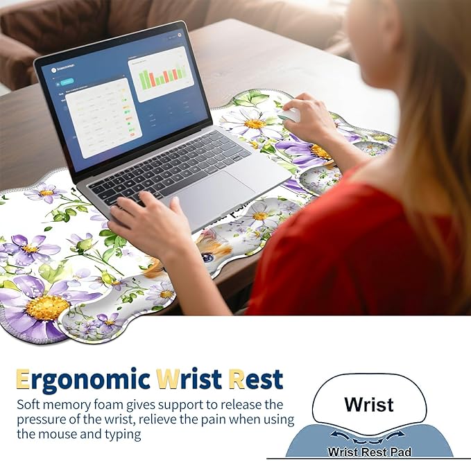 4-Piece XXL Gaming Mouse Pad Set (31.5"x11.8") with Keyboard Wrist Rest,Mouse Wrist Support & Coaster,Ergonomic Non-Slip Desk Mat for Office & Home,Cute Cat Flower