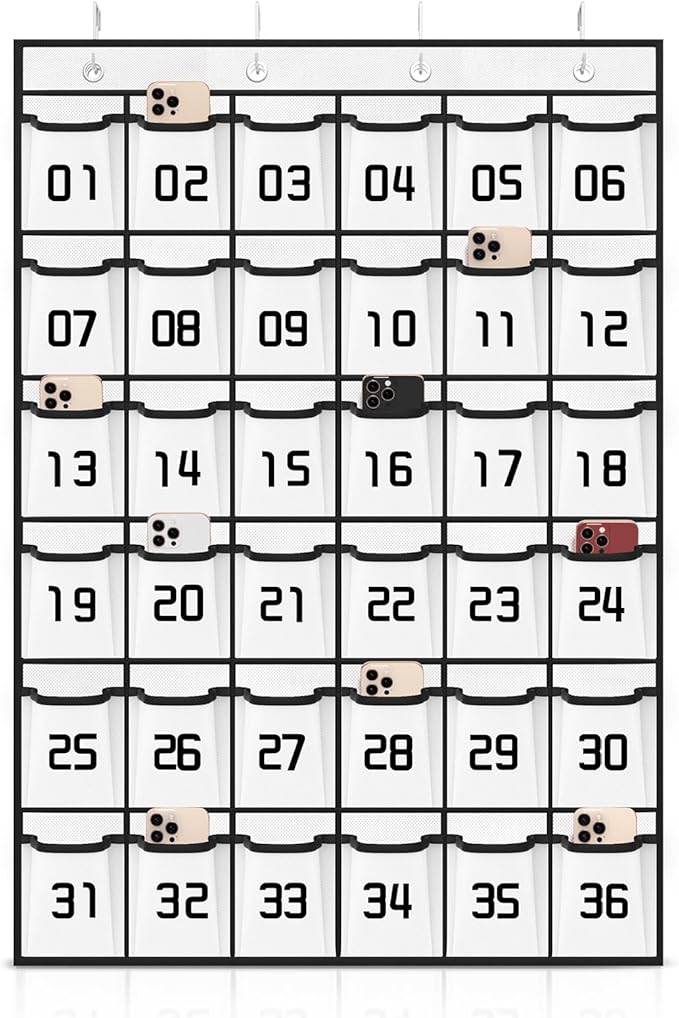Loghot Numbered Classroom Sundries Closet Pocket Chart for Cell Phones Holder Wall Door Hanging Organizer (36 Pockets White)