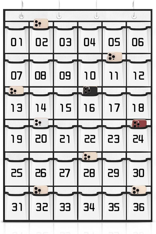 Loghot Numbered Classroom Sundries Closet Pocket Chart for Cell Phones Holder Wall Door Hanging Organizer (36 Pockets White)
