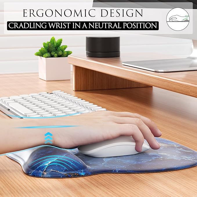 MROCO Ergonomic Mouse Pad with Gel Wrist Rest, Comfortable Mousepad with Smooth Wrist Support Surface and Non-Slip PU Base for Pain Relief, Computer, Laptop, Office & Home, 9.4 x 8.1 in, Ocean Marble