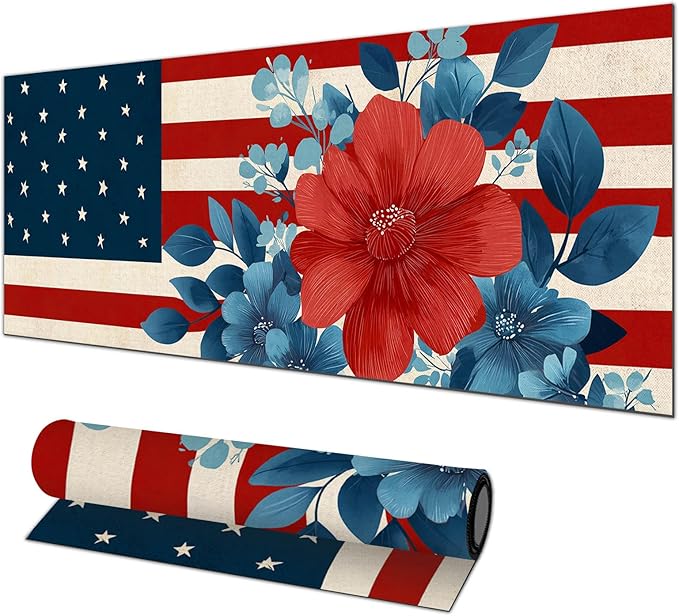 Mouse Pad 31.5 x 11.8 Inch American Flag Floral Desk Mat XL Large Extended Keyboard Mat Computer Desk Pad Non Slip Waterproof Mouse Pads Gaming Office Accessories