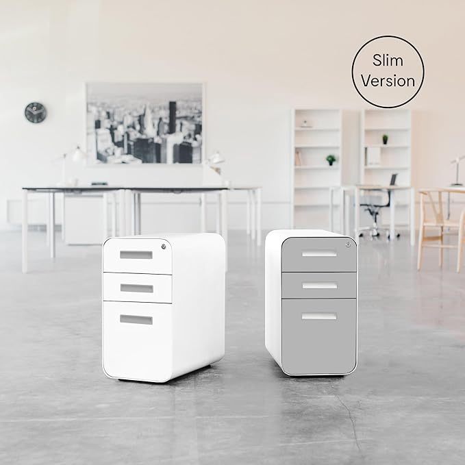 Laura Davidson Furniture Stockpile Slim 3-Drawer Mobile File Cabinet with Lock - Under Desk Metal Filing Cabinet, Legal/Letter File Folders, Wheels & Stationary Feet, Assembled, Light Grey Faceplate