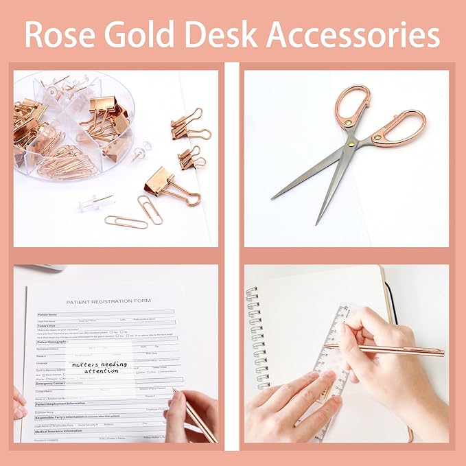 Rose Gold Office Supplies,UPIHO Rose Gold Desk Accessories,Stapler and Tape Dispenser Set with Stapler,Tape Dispenser, Staple Remover, Staples, Clips,Scissor,Pen and Sticky Notes,Gifts for Coworkers