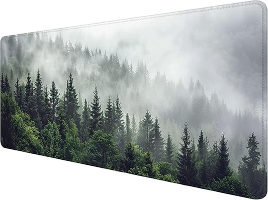 Misty Forest Gaming Mouse Pad Desk Pad Nature Fir Tree Woodland Large Gaming Mouse Mat with Stitched Edges,Non-Slip Waterproof Rubber Base Mous Mat Office Computer Keyboard Laptop Home 31.5"x11.8"