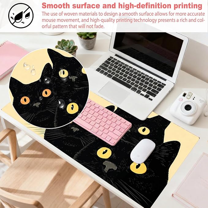 Nuxovilar Professional Large Mouse Pad & Computer Game Mouse Mat (35.4x15.7IN, Artistic Black Cats with Yellow Eyes) (90 * 40cm Artistic Black Cats)