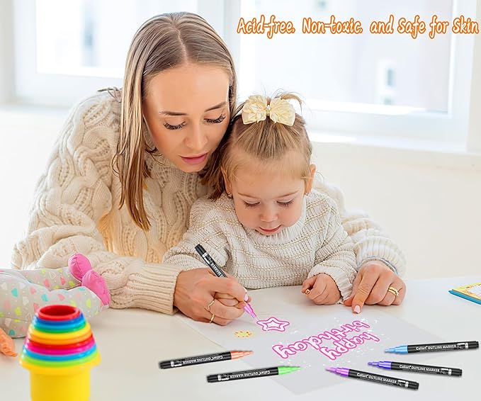 Caliart 24 Colors Outline Shimmer Markers, Glitter Metallic Marker Pens, Stocking Stuffers for Teen Girls Boys Adults Christmas Gifts Trendy Stuff, Cool Fun Craft Drawing Art Supplies Set